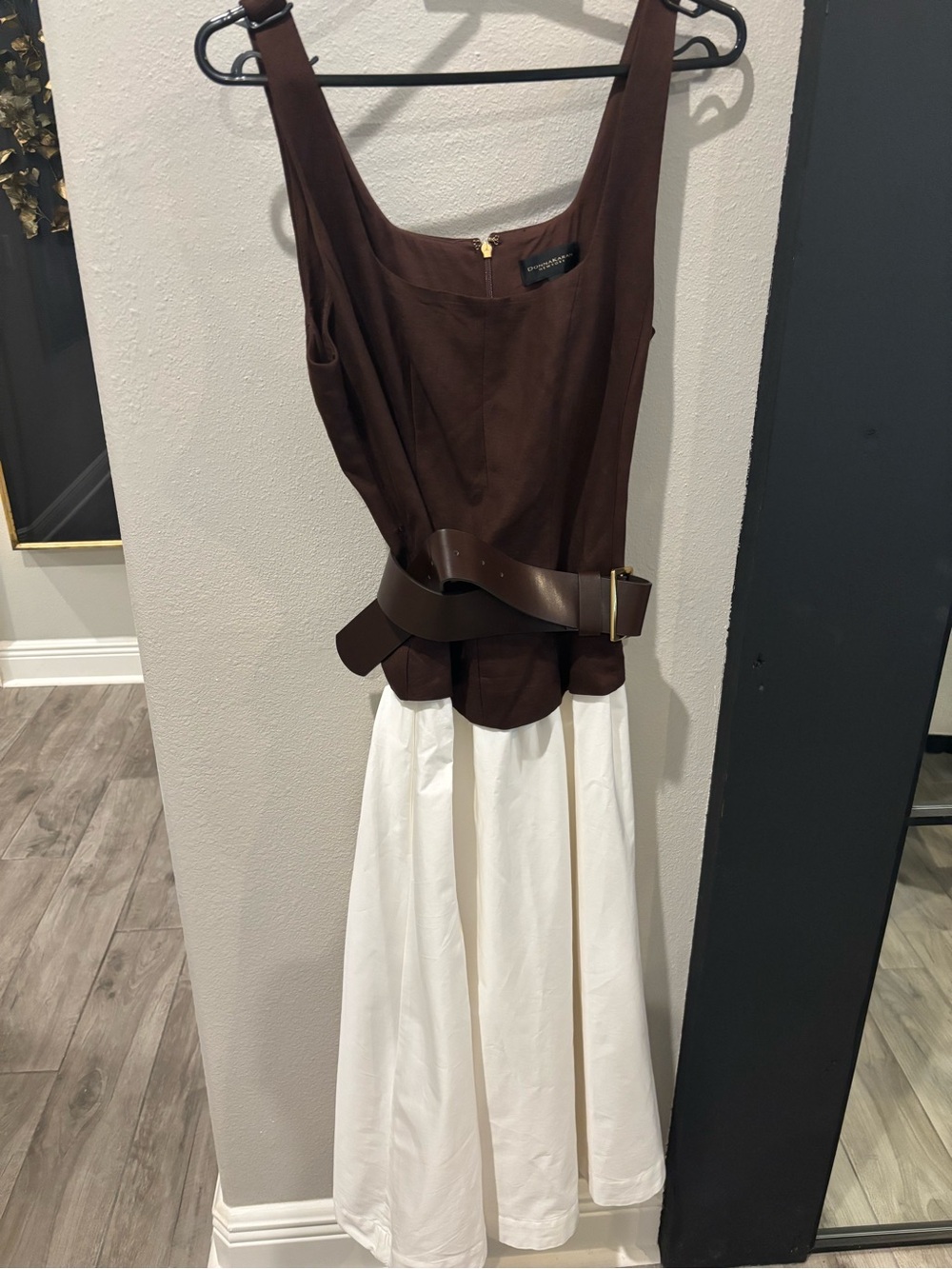 Donna Karan Brown and White Two-Tone Maxi Dress with Belt